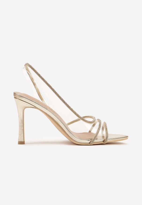 Born2be - Złote Sandały Vices na Szpilce ze Skórzaną Wkładką Ozdobione Cyrkoniami Ovilona. Okazja: na wesele, na ślub cywilny, na imprezę. Kolor: złoty. Materiał: skóra. Wzór: aplikacja. Obcas: na szpilce