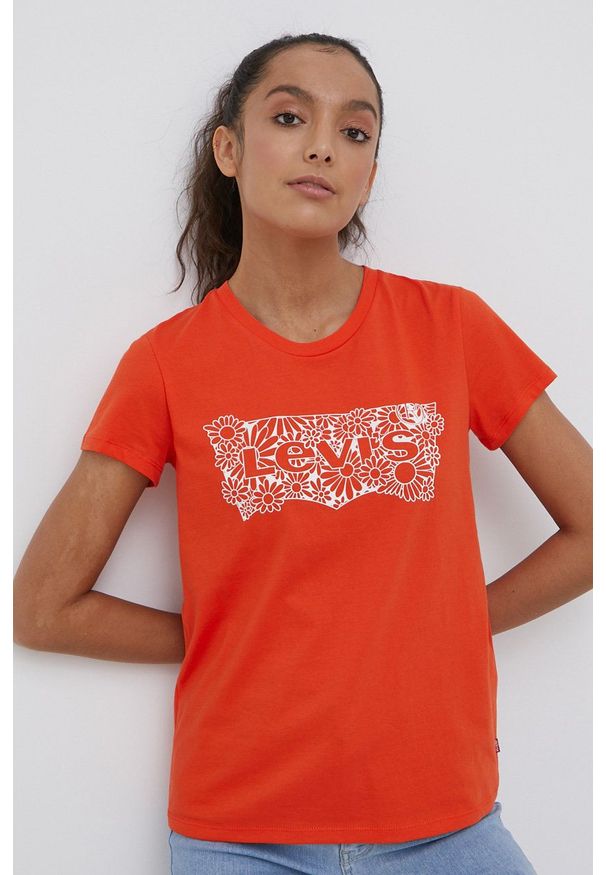 Levi's® - Levi's t-shirt bawełniany kolor pomarańczowy. Okazja: na spotkanie biznesowe, na co dzień. Kolor: pomarańczowy. Materiał: bawełna. Wzór: nadruk. Styl: biznesowy, casual