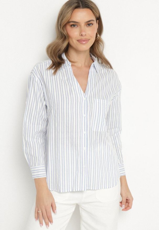 Born2be - Niebieska Koszula z Bawełny w Paski Tolisianne. Okazja: na co dzień, na spotkanie biznesowe. Typ kołnierza: kołnierzyk klasyczny. Kolor: niebieski. Materiał: bawełna. Długość rękawa: długi rękaw. Długość: długie. Wzór: paski. Styl: biznesowy, klasyczny, casual