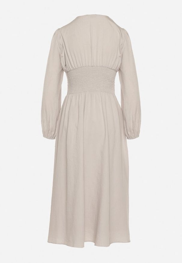 Born2be - Jasnobeżowa Sukienka z Wiskozą z Gorsetową Talią i Bufiastymi Rękawami Aniste. Okazja: na co dzień. Typ kołnierza: dekolt gorset. Kolor: beżowy. Materiał: wiskoza. Typ sukienki: gorsetowe. Styl: elegancki, sportowy, casual, wizytowy