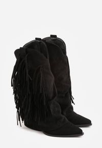 Renee - Czarne Botki Kowbojki na Słupku Ozdobione Frędzlami i Wywiniętą Cholewką Aedime. Okazja: na co dzień. Kolor: czarny. Szerokość cholewki: normalna. Wzór: aplikacja. Obcas: na słupku. Styl: casual #9