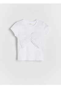 Reserved - T-shirt z ażurową wstawką - biały. Kolor: biały. Materiał: bawełna, dzianina. Wzór: ażurowy