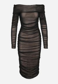 Born2be - Czarna Marszczona Sukienka Siateczkowa Hiszpanka z Wywiniętym Dekoltem Tinaveris. Typ kołnierza: dekolt hiszpanka. Kolor: czarny. Długość rękawa: długi rękaw. Sezon: lato. Styl: klasyczny, elegancki #2