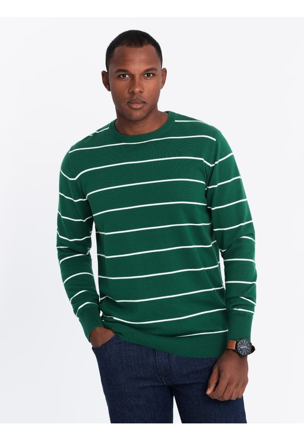Ombre Clothing - Casualowy sweter męski w poziome paski – zielony V4 - Rozmiar: XXL. Okazja: na co dzień. Kolor: zielony. Materiał: nylon, włókno, materiał, bawełna. Wzór: paski. Styl: casual