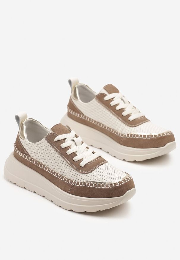 Renee - Beżowo-Brązowe Sneakersy Skórzane Ozdobione Metalicznymi Wstawkami i Przeszyciami Renosa. Okazja: na co dzień. Kolor: beżowy. Materiał: skóra. Wzór: aplikacja. Obcas: na platformie