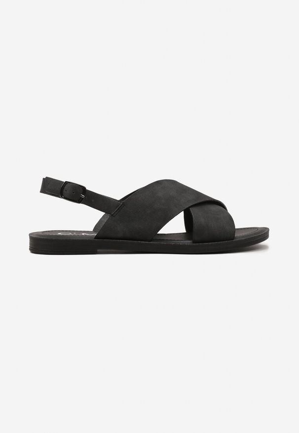 Renee - Czarne Sandały z Ekoskóry na Płaskim Obcasie ze Sprzączką Raelana. Okazja: na spacer. Zapięcie: sprzączka. Kolor: czarny. Obcas: na obcasie. Wysokość obcasa: niski