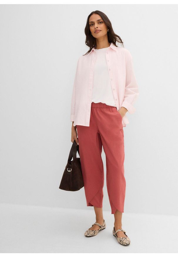 bonprix - Spodnie 3/4 z przewiewnej mieszanki lnu. Stan: podwyższony. Kolor: czerwony. Materiał: len