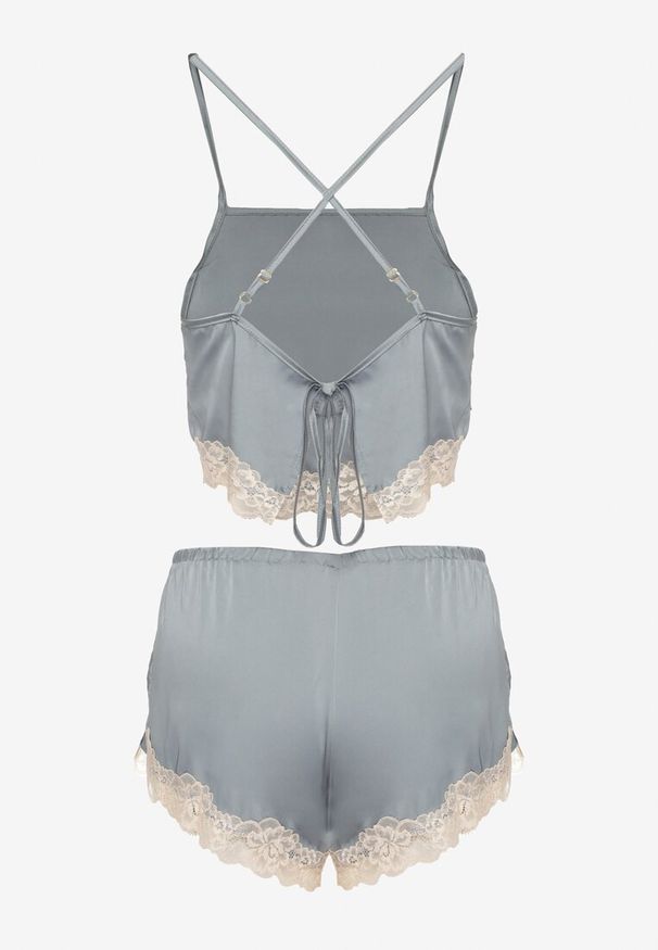 Renee - Miętowy Komplet Piżamowy Krótki Wiązany Top na Ramiączkach Szorty z Gumką w Talii Tiseria. Kolekcja: plus size. Kolor: miętowy. Materiał: materiał. Długość: krótkie