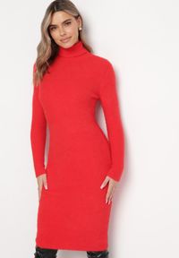 Born2be - Czerwona Sweterkowa Puchata Sukienka Midi z Wełny z Golfem Sebhat. Typ kołnierza: golf. Kolor: czerwony. Materiał: wełna. Długość: midi #1