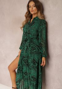 Renee - Ciemnozielona Sukienka Rozkloszowana z Wiązanym Paskiem Blerore. Kolor: zielony. Materiał: materiał. Typ sukienki: koszulowe. Długość: maxi #4