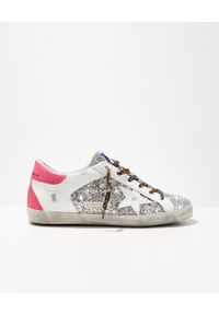 GOLDEN GOOSE - Brokatowe sneakersy Superstar z różową piętą. Kolor: srebrny. Materiał: guma, materiał. Szerokość cholewki: normalna. Wzór: aplikacja #6