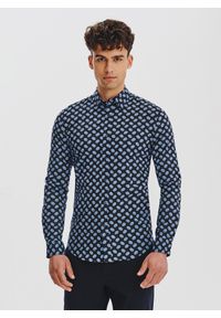 Pako Lorente - PAKO LORENTE – Granatowa koszula w kwiaty. Kolor: czarny, niebieski. Materiał: elastan, bawełna. Długość rękawa: długi rękaw. Długość: długie. Wzór: kwiaty #1