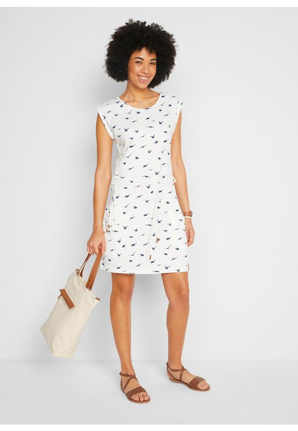 bonprix - Sukienka shirtowa z rękawami motylkowymi i nadrukiem. Kolor: biały. Materiał: jersey. Wzór: nadruk