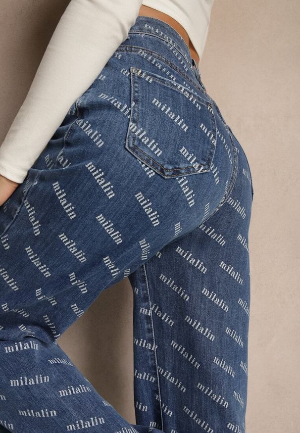 Renee - Niebieskie Jeansy Straight Leg High Waist Zdobione Printem Vilesse. Okazja: na co dzień, na spacer. Stan: podwyższony. Kolor: niebieski. Wzór: nadruk, aplikacja. Styl: casual, klasyczny