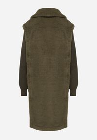 Born2be - Zielony Futrzany Płaszcz z Dzianinowymi Rękawami Ravienna. Okazja: na co dzień. Kolor: zielony. Materiał: dzianina, futro. Styl: casual, elegancki #8