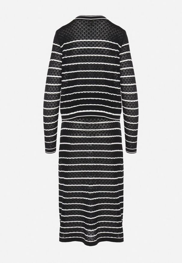 Born2be - Czarny Dzianinowy Komplet z Wiskozą w Paski Kardigan i Spódnica Sepoline. Kolor: czarny. Materiał: dzianina, wiskoza. Wzór: paski