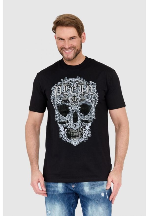 Philipp Plein - PHILIPP PLEIN Czarny męski t-shirt z czaszką zdobioną dżetami, Rozmiar M. Kolor: czarny. Wzór: aplikacja