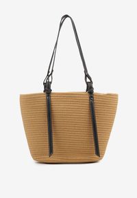 Born2be - Ciemnobeżowa Bawełniana Torebka Shopper z Szydełkowym Wzorem Luniatena. Kolor: beżowy. Styl: klasyczny, elegancki, casual