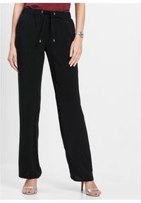 bonprix - Spodnie z gumką w talii, z wiskozy. Kolor: czarny. Materiał: wiskoza. Wzór: nadruk #1