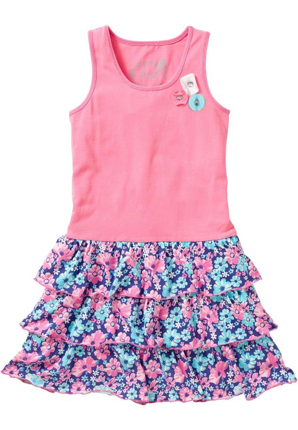 bonprix - Sukienka z dżerseju z falbaną. Typ kołnierza: kołnierz z falbankami. Kolor: różowy. Materiał: jersey. Długość rękawa: bez rękawów. Wzór: aplikacja