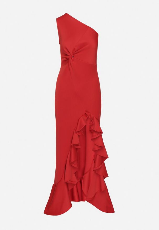 Born2be - Czerwona Sukienka Asymetryczna z Ozdobną Falbaną Lunorilla. Kolor: czerwony. Typ sukienki: asymetryczne