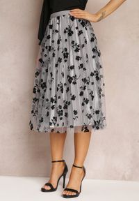 Renee - Szara Spódnica Midi Tiulowa z Welurowymi Kwiatami i Gumką w Talii Zihrosa. Kolor: szary. Materiał: welur, tiul. Wzór: kwiaty #5