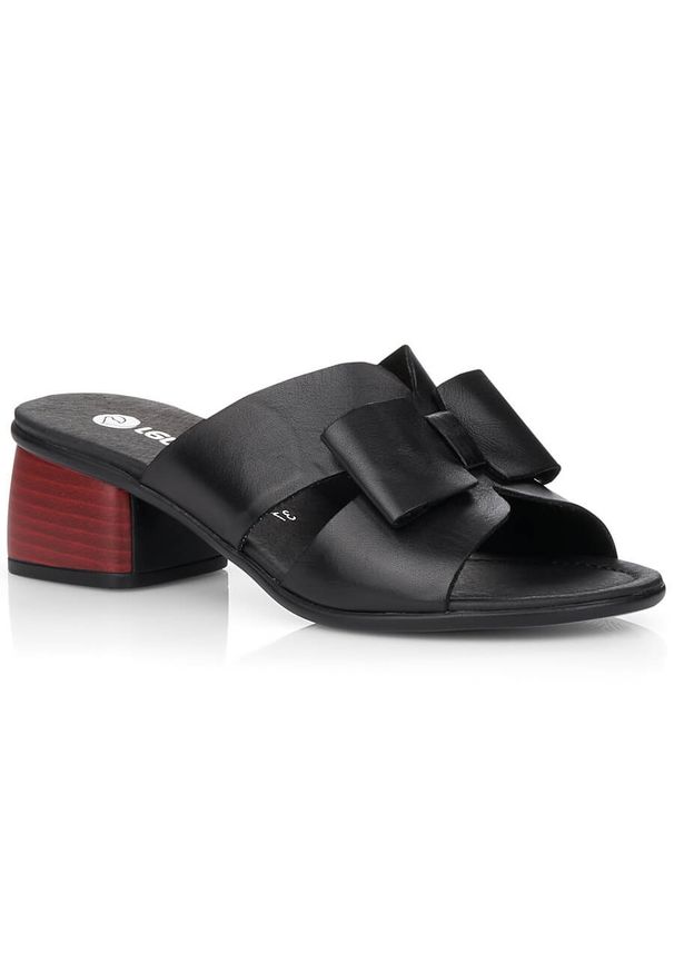 Skórzane klapki damskie na klocku czarne Rieker Remonte R8759-01. Kolor: czarny. Materiał: skóra