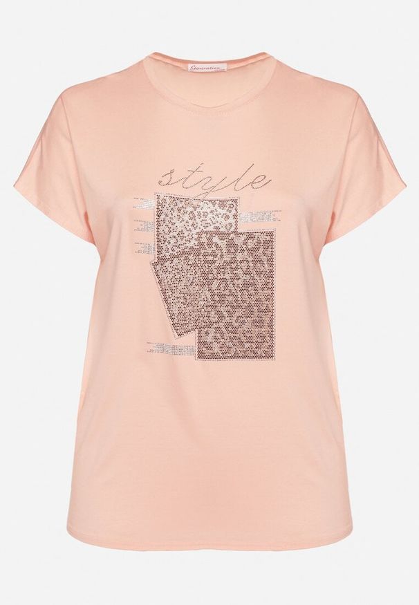 Born2be - Jasnoróżowy Bawełniany T-shirt z Ozdobnym Napisem i Cyrkoniami Krisiona. Okazja: na co dzień, na spotkanie biznesowe, do pracy. Kolor: różowy. Materiał: bawełna. Wzór: napisy. Styl: klasyczny, biznesowy, casual