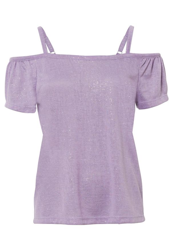Shirt cold-shoulder z brokatowym połyskiem bonprix w kolorze bzu. Kolor: fioletowy. Długość rękawa: na ramiączkach