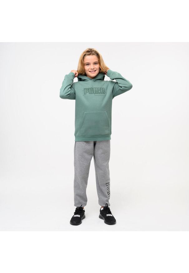 Decathlon - Bluza dziecięca Puma z kapturem. Typ kołnierza: kaptur. Kolor: zielony. Materiał: bawełna, materiał. Sport: joga i pilates