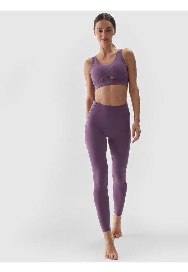 4f - 4F Legginsy do jogi z wysokim stanem damskie - fioletowe XS. Stan: podwyższony. Kolor: fioletowy. Materiał: włókno, elastan, dzianina, materiał, syntetyk. Wzór: gładki, jednolity, ze splotem. Sport: joga i pilates