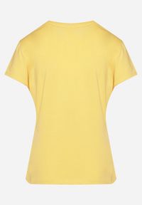 Born2be - Żółty Bawełniany T-shirt z Krótkim Rękawem i Ozdobnym Nadrukiem Tiimaqin. Okazja: na co dzień. Kolor: żółty. Materiał: bawełna. Długość rękawa: krótki rękaw. Długość: krótkie. Wzór: nadruk. Styl: casual, klasyczny, elegancki