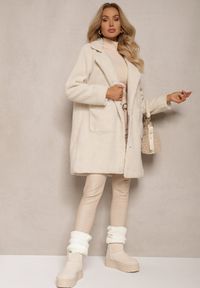 Renee - Jasnobeżowy Płaszcz z Futerkiem na Napy z Kieszeniami Porttiana. Okazja: na co dzień. Kolor: beżowy. Materiał: futro. Styl: casual