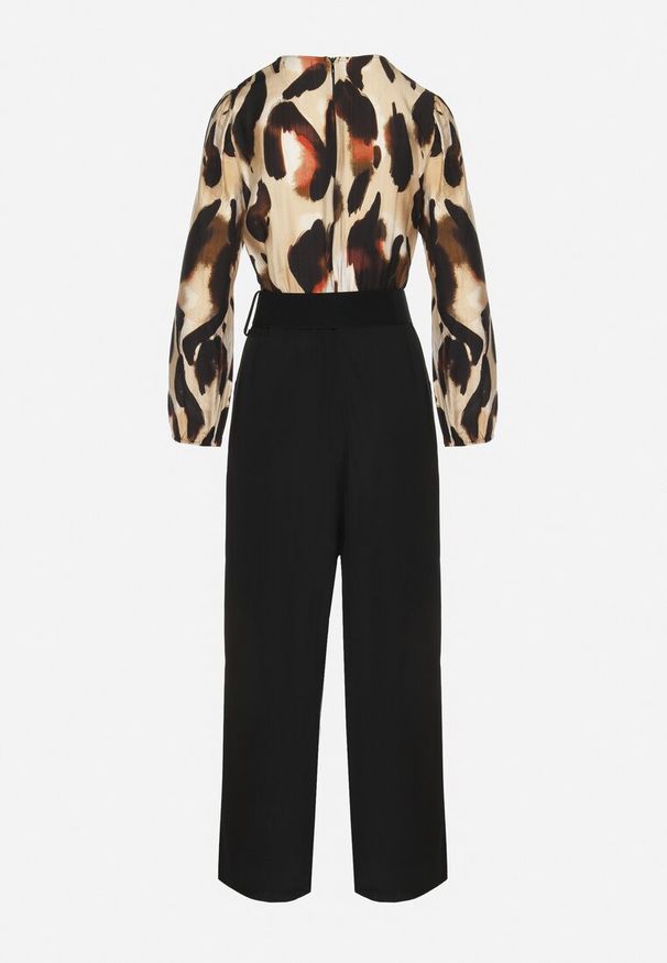 Born2be - Beżowo-Czarny Kombinezon o Kopertowym Kroju z Dodatkowym Paskiem i Wzorzystą Górą Tinasirae. Okazja: na co dzień. Kolor: czarny. Materiał: tkanina. Styl: casual, elegancki