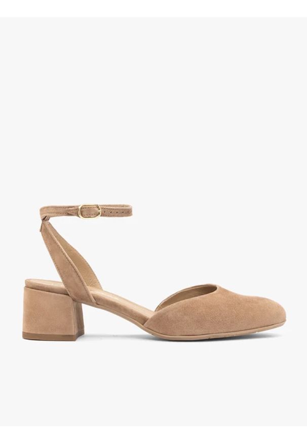 Ryłko - Jasnobrązowe czółenka slingback. Okazja: na co dzień, do pracy. Zapięcie: pasek. Kolor: brązowy. Materiał: skóra, welur. Obcas: na obcasie. Styl: casual, street, klasyczny. Wysokość obcasa: średni