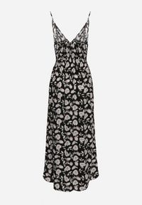 Born2be - Czarna Sukienka Bawełniana Rozkloszowana w Kwiatowy Print na Regulowanych Ramiączkach Rosapia. Typ kołnierza: dekolt w kształcie V. Kolor: czarny. Materiał: bawełna. Długość rękawa: na ramiączkach. Wzór: kwiaty, nadruk. Typ sukienki: rozkloszowane #3