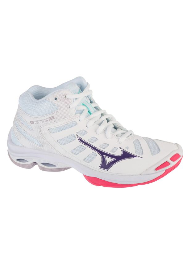 Mizuno - Buty do siatkówki damskie, Wave Voltage 2 Mid. Kolor: biały. Materiał: syntetyk, materiał, tkanina, guma. Model: Mizuno Wave. Sport: siatkówka
