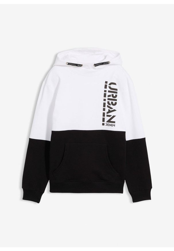 bonprix - Bluza z kapturem z czystej bawełny organicznej. Typ kołnierza: kaptur. Kolor: biały. Materiał: bawełna. Wzór: nadruk, napisy