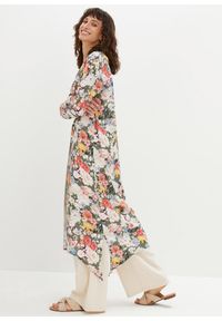 bonprix - Długa bluzka z lejącej wiskozy. Kolor: zielony. Materiał: wiskoza. Długość: długie. Wzór: nadruk, aplikacja, kwiaty. Sezon: lato #1