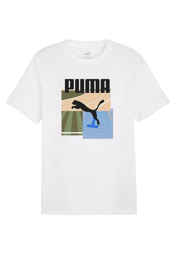 Puma - Męska Graficzna Koszulka Na Lato. Kolor: biały. Sezon: lato. Sport: turystyka piesza