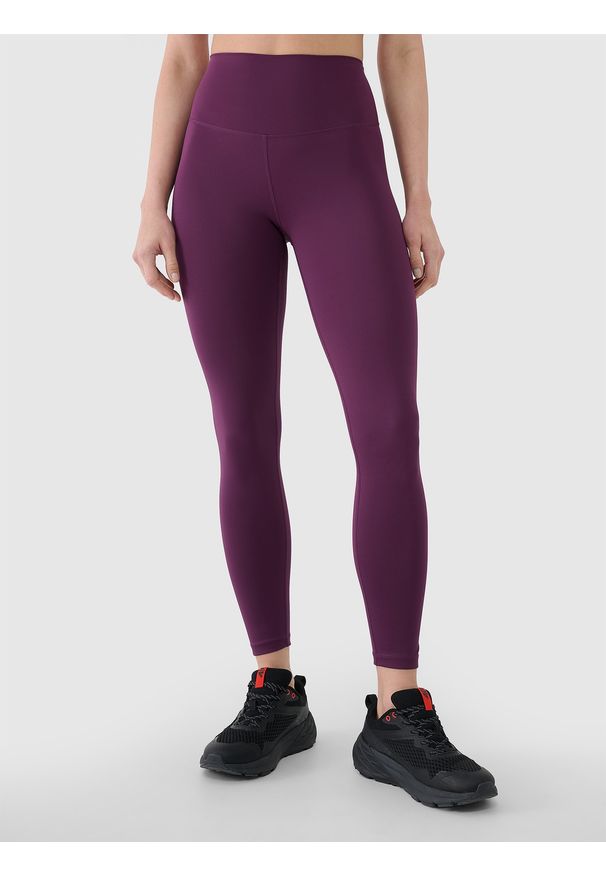 4f - 4F Legginsy treningowe z wysokim stanem damskie - fioletowy M. Stan: podwyższony. Kolor: fioletowy. Materiał: dzianina, poliester, materiał, włókno, elastan. Wzór: gładki, ze splotem, jednolity. Sport: fitness
