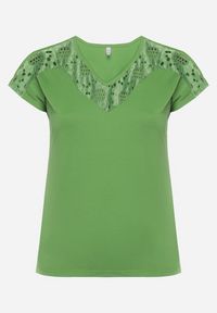 Born2be - Zielony T-shirt z Krótkim Rękawem i Ozdobną Koronką Winneli. Okazja: na co dzień. Kolekcja: plus size. Kolor: zielony. Materiał: koronka. Długość rękawa: krótki rękaw. Długość: krótkie. Wzór: koronka. Styl: klasyczny, casual, elegancki #6