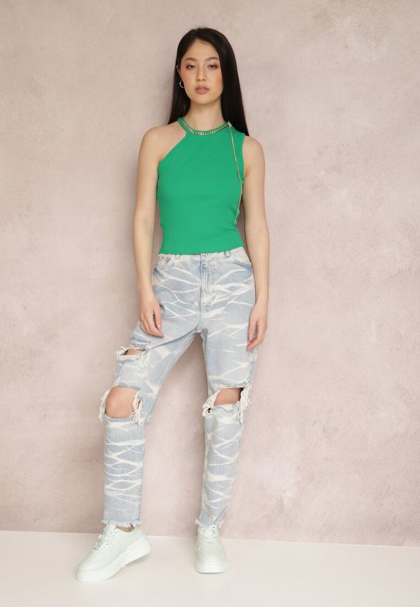 Renee - Zielony Top Metissa. Kolor: zielony. Materiał: jeans, dzianina, prążkowany. Długość rękawa: bez rękawów. Wzór: jednolity, aplikacja