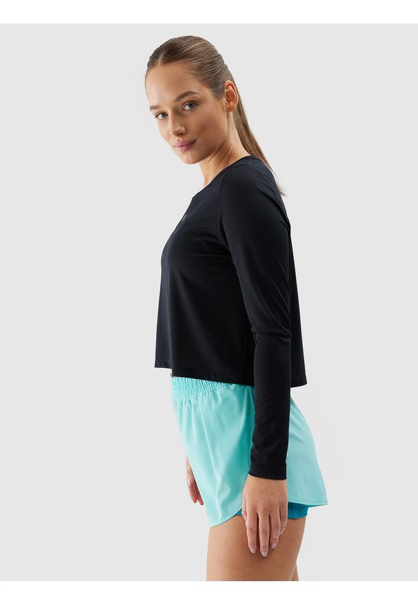4f - 4F Longsleeve treningowy loose szybkoschnący damski - czarny S. Kolor: czarny. Materiał: włókno, elastan, dzianina, materiał, syntetyk. Długość rękawa: długi rękaw. Długość: długie. Wzór: gładki, jednolity, ze splotem. Sport: fitness