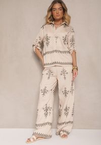 Renee - Beżowy Wiskozowy Komplet Boho Koszula i Spodnie z Haftowanym Zdobieniem Helhiris. Kolor: beżowy. Materiał: wiskoza. Wzór: aplikacja, haft #3