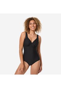 Decathlon - Strój jednoczęściowy pływacki damski Nabaiji Rosy gofrowany. Kolor: czarny. Materiał: poliester, elastan, poliamid, materiał #1