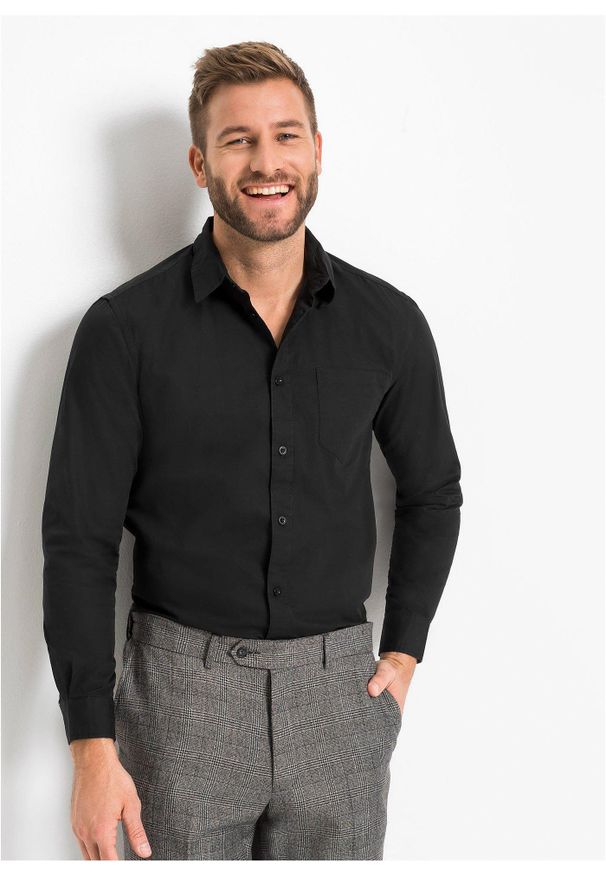 bonprix - Koszula z długim rękawem z czystej bawełny. Kolor: czarny. Materiał: bawełna. Długość rękawa: długi rękaw. Długość: długie. Wzór: gładki
