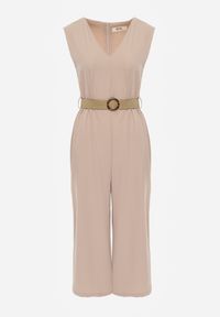 Born2be - Beżowy Kombinezon Zapinany na Suwak z Poduszkami w Ramionach i Paskiem z Klamrą Bless. Okazja: na co dzień. Kolor: beżowy. Styl: casual, klasyczny #2