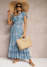 Renee - Niebieska Bawełniana Sukienka Paisley z Kopertowym Dekoltem z Falbaną i Gumką w Talii Brionea. Okazja: na co dzień. Typ kołnierza: dekolt kopertowy. Kolor: niebieski. Materiał: bawełna. Długość rękawa: krótki rękaw. Wzór: paisley. Typ sukienki: kopertowe. Styl: casual, elegancki