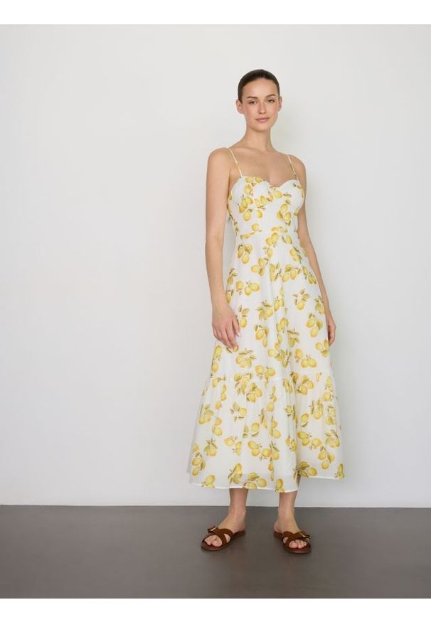 Reserved - Wzorzysta sukienka - jasnożółty. Kolor: żółty. Materiał: tkanina, bawełna